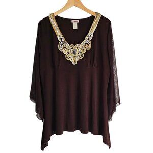 Libian Tunic Top‎ Womens Size 3XL Embellished Brown V-Neck Chiffon Sleeves